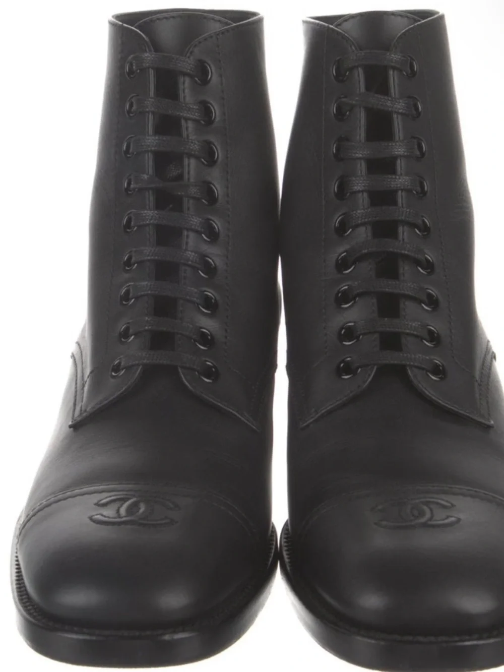 CHANEL Black Leather Lace-Up Ankle Boots with CC Cap Toe